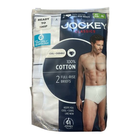 Jockey Men's Classic Full Rise Brief Underwear 2 Pack White Size 46 Big Man Tall - Picture 2 of 5